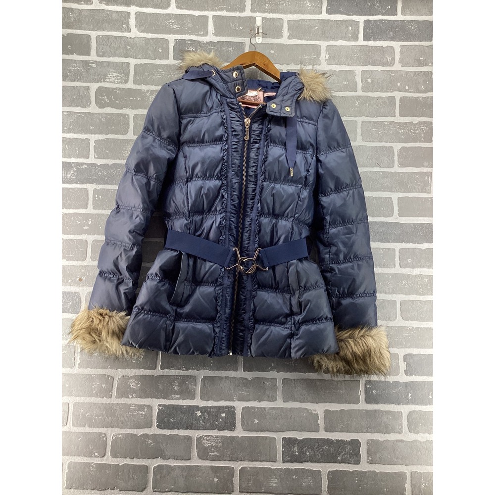Juicy Couture Navy Blue Puffer Jacket Faux Fur Trim Hooded Belted Ruffle Medium